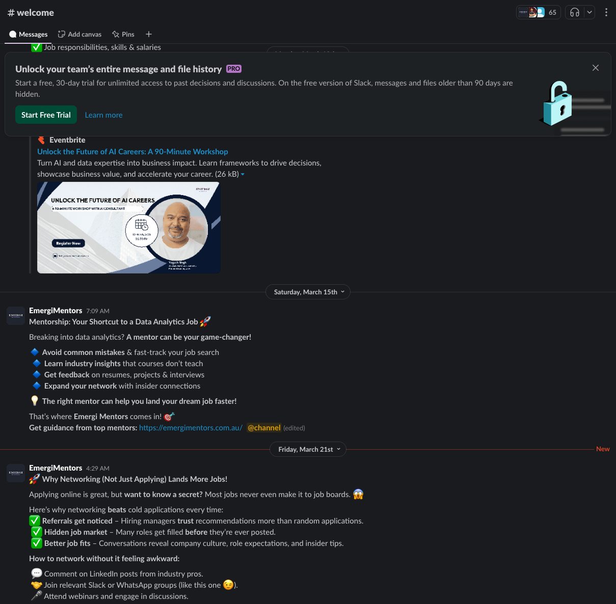 The Slack community Favour built from zero for Emergi Mentors